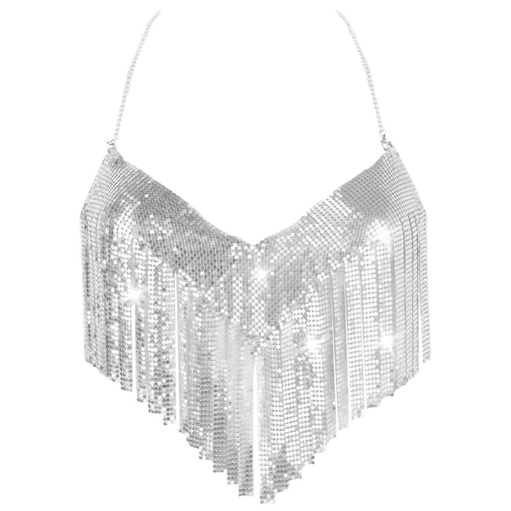 9182 Sequin Rhinestone Sexy Metallic Chain Bra Sparkly Outfit Deep V Club